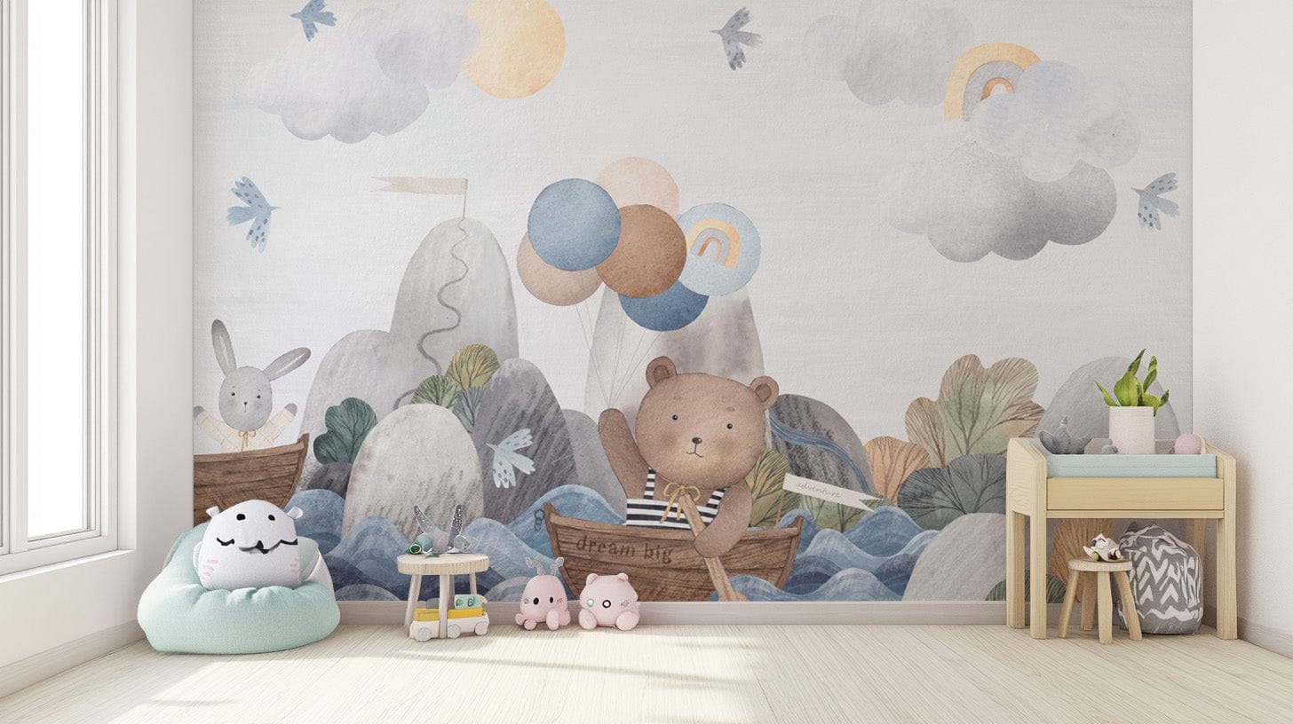 Bunny and bear boat wall mural
