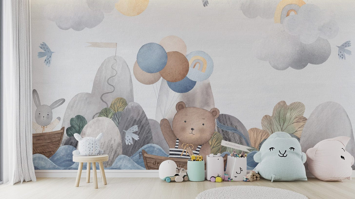 Adventure-themed nursery wallpaper design
