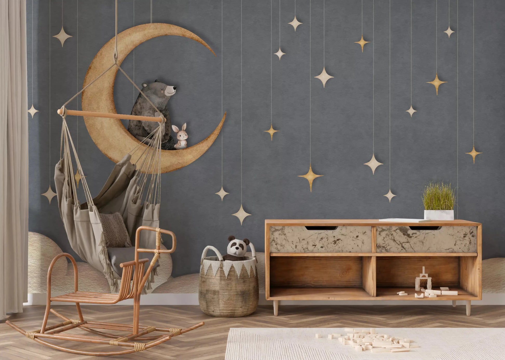 Feature wall showing Bear on The Moon Blue Wall Mural clouds, GD9170