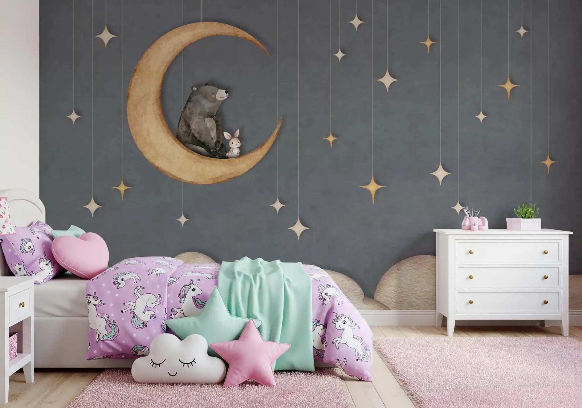 Bear on The Moon Blue Wall Mural with bear and bunny on moon, GD9170