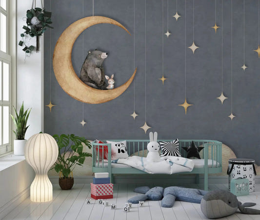 Nursery styled with Bear on The Moon Blue Wall Mural night sky scene
