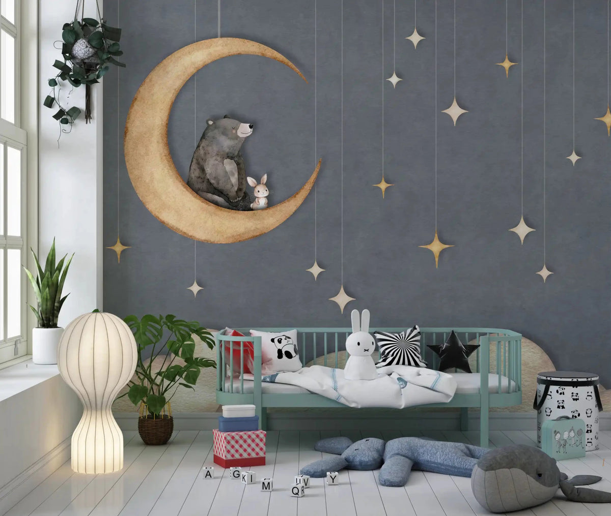 Nursery styled with Bear on The Moon Blue Wall Mural night sky scene, GD9170