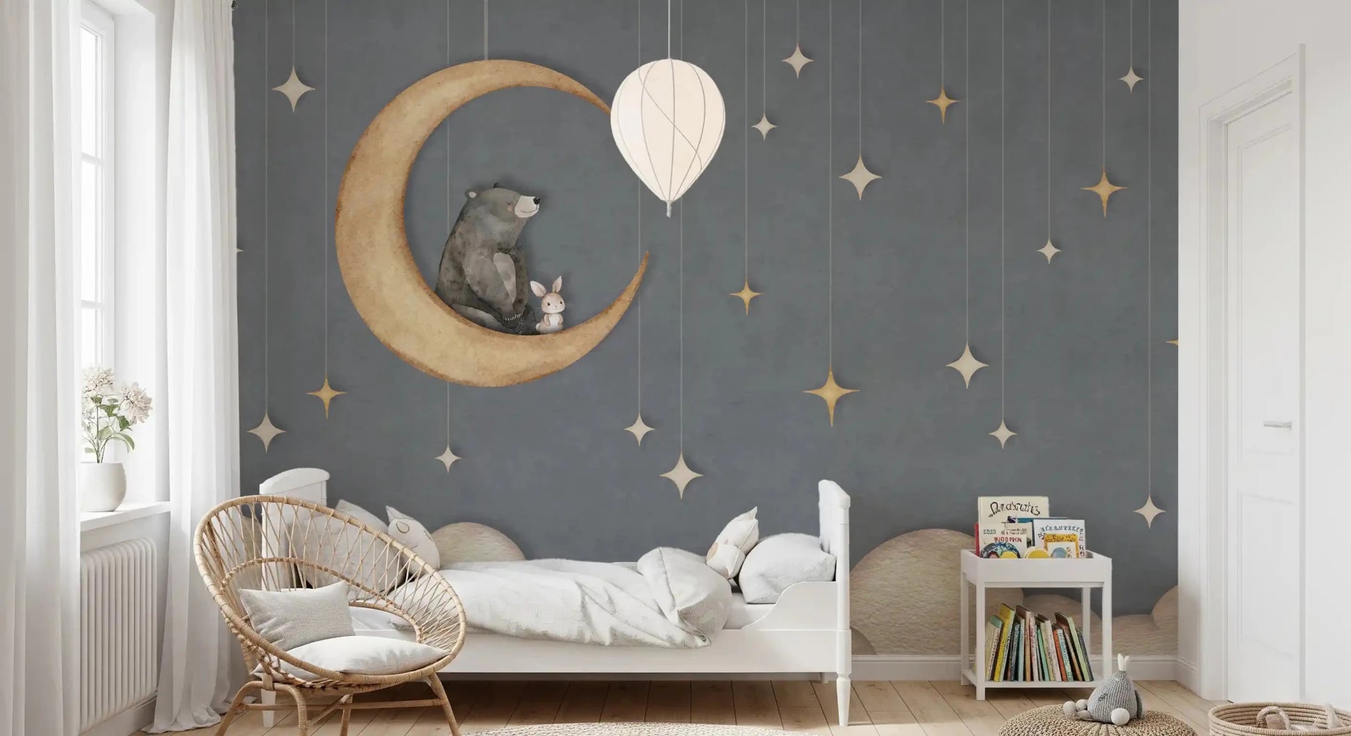 Bear on The Moon Blue Wall Mural with golden crescent detail, GD9170