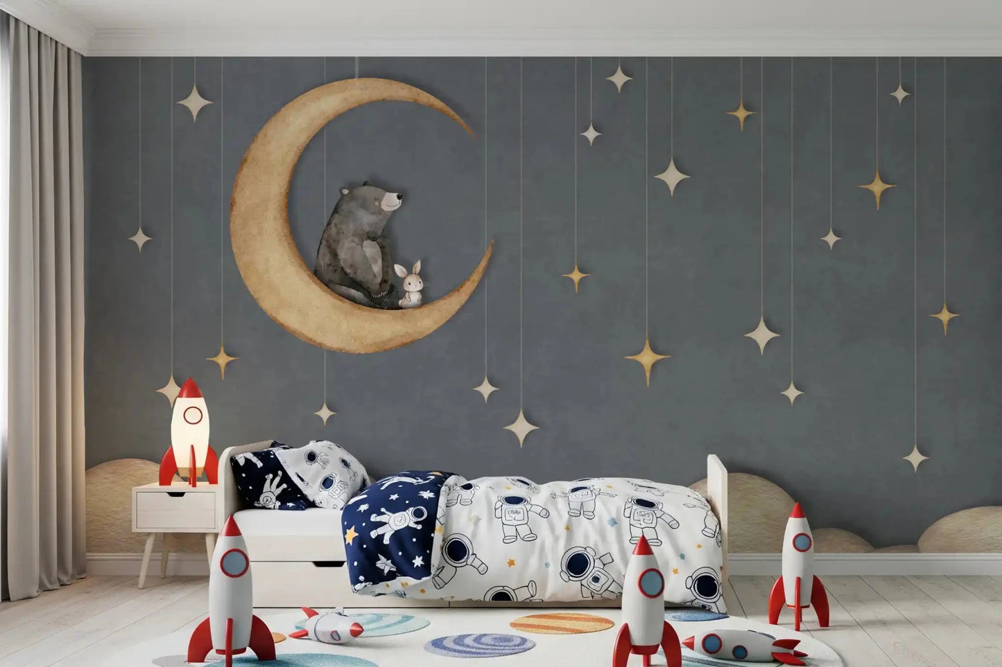 Nursery night Wall Mural in Bear on The Moon Blue style, GD9170