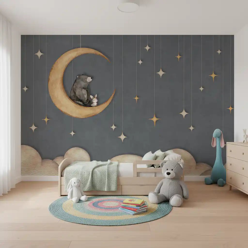 Toddler room with Bear on The Moon Blue Wall Mural hanging stars, GD9170