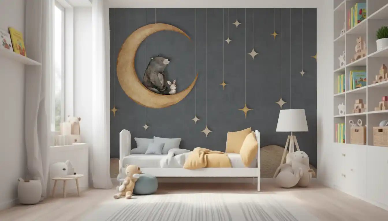 Bedroom featuring Bear on The Moon Blue Wall Mural crescent moon, GD9170