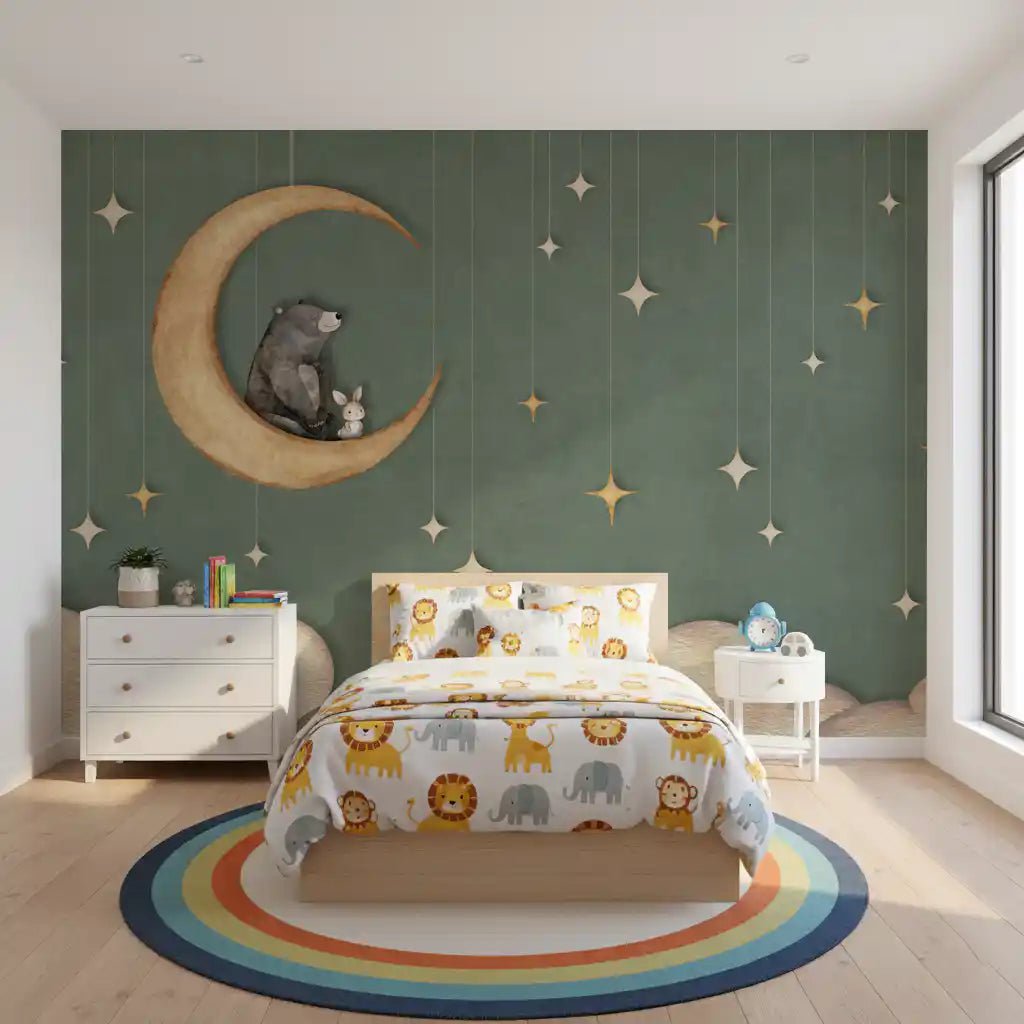 Soft green Bear on The Moon wall mural with hanging star lines