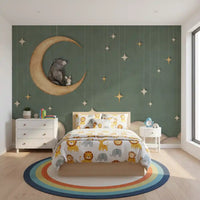 Soft green Bear on The Moon wall mural with hanging star lines
