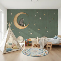 Illustrated Bear on The Moon wall mural with soft cloud shapes
