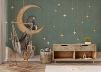 Calm green Bear on The Moon wall mural with moon and stars