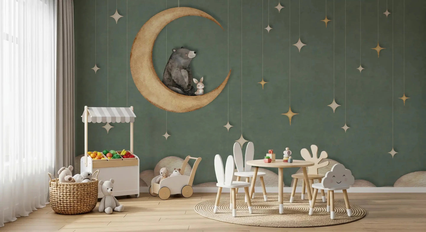 Green sky Bear on The Moon wall mural with star string details