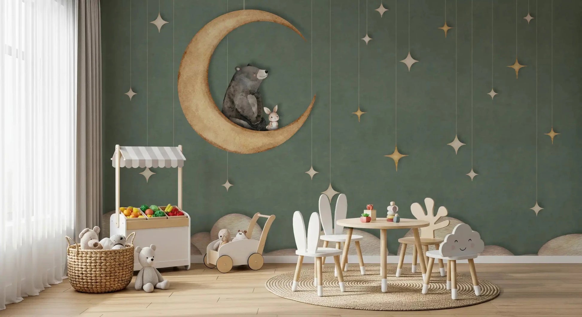 Green sky Bear on The Moon wall mural with star string details