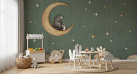 Green sky Bear on The Moon wall mural with star string details
