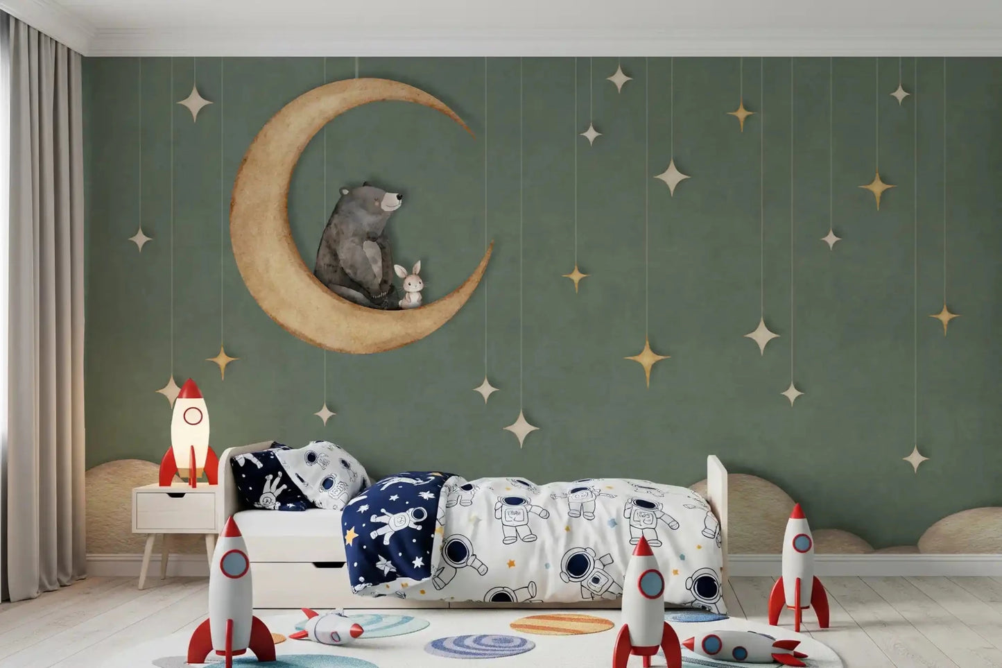Story-style Bear on The Moon wall mural with rabbit companion