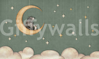 Living room with Bear on The Moon wall mural and green moon scene
