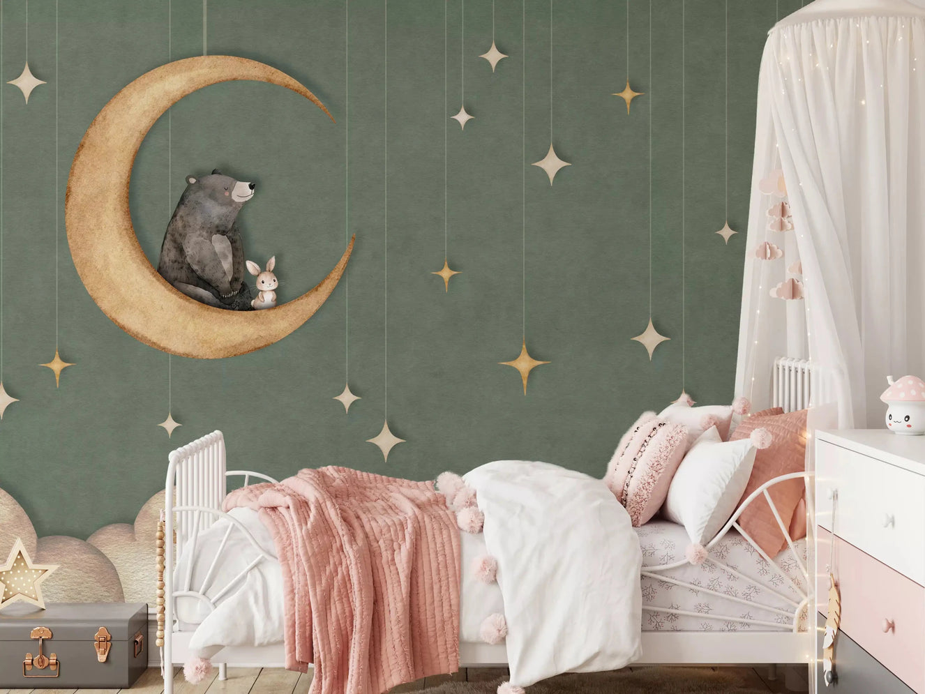 Bedroom styled in Bear on The Moon wall mural with hanging stars