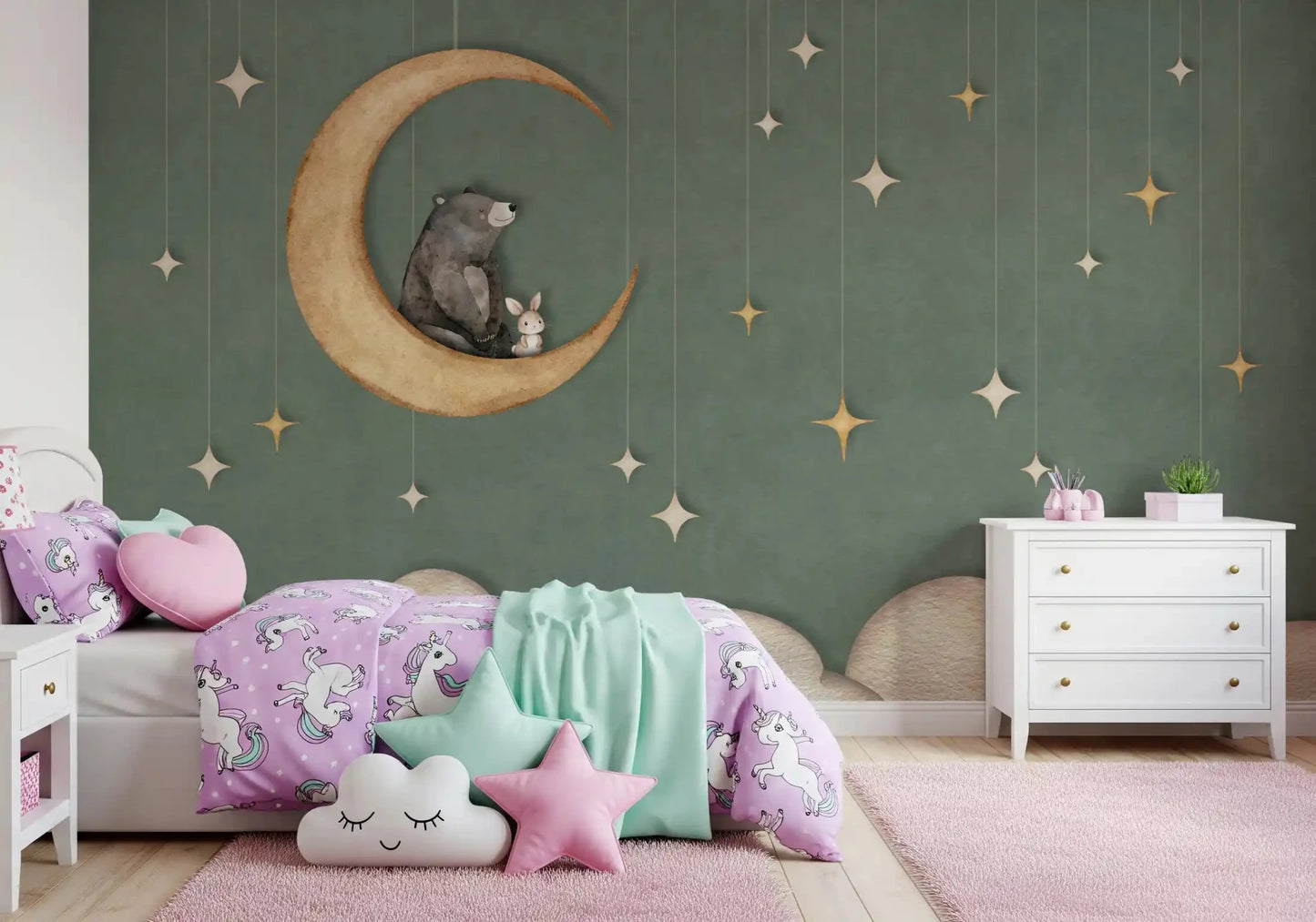Girls room wall with Bear on The Moon wall mural in muted green tones