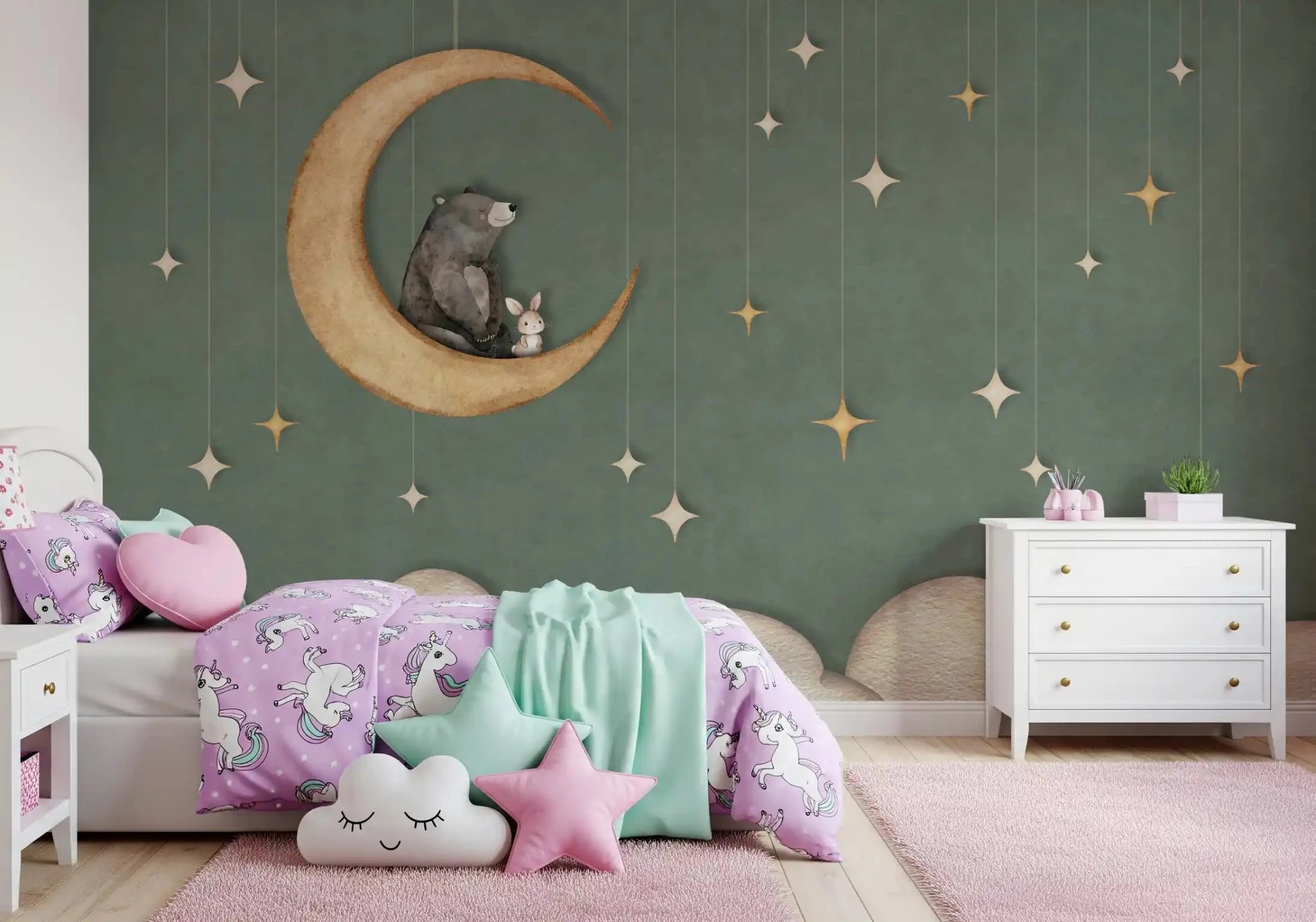 Girls room wall with Bear on The Moon wall mural in muted green tones