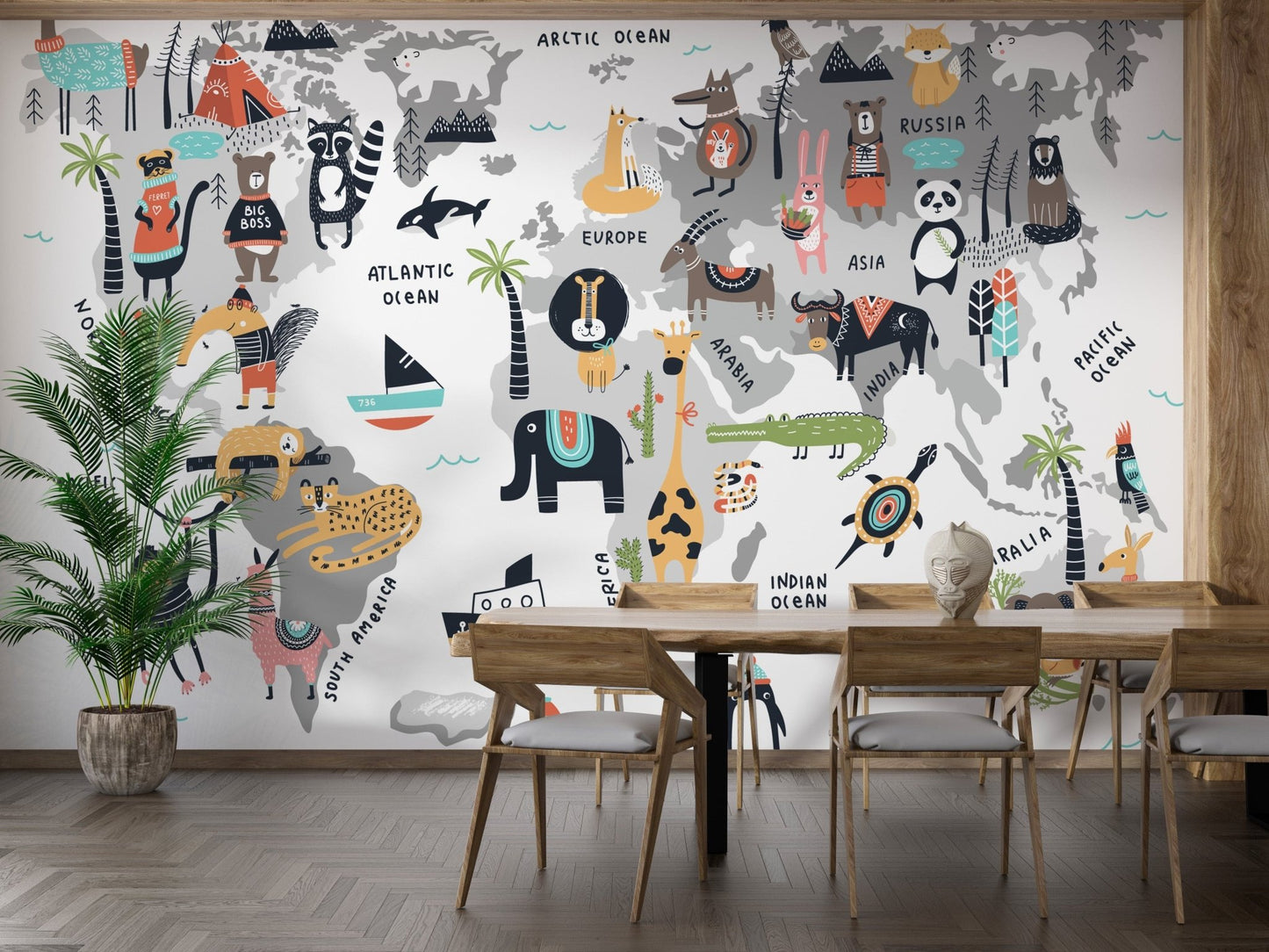 Kids' Animal World Map Wallpaper with cute illustrations. A780