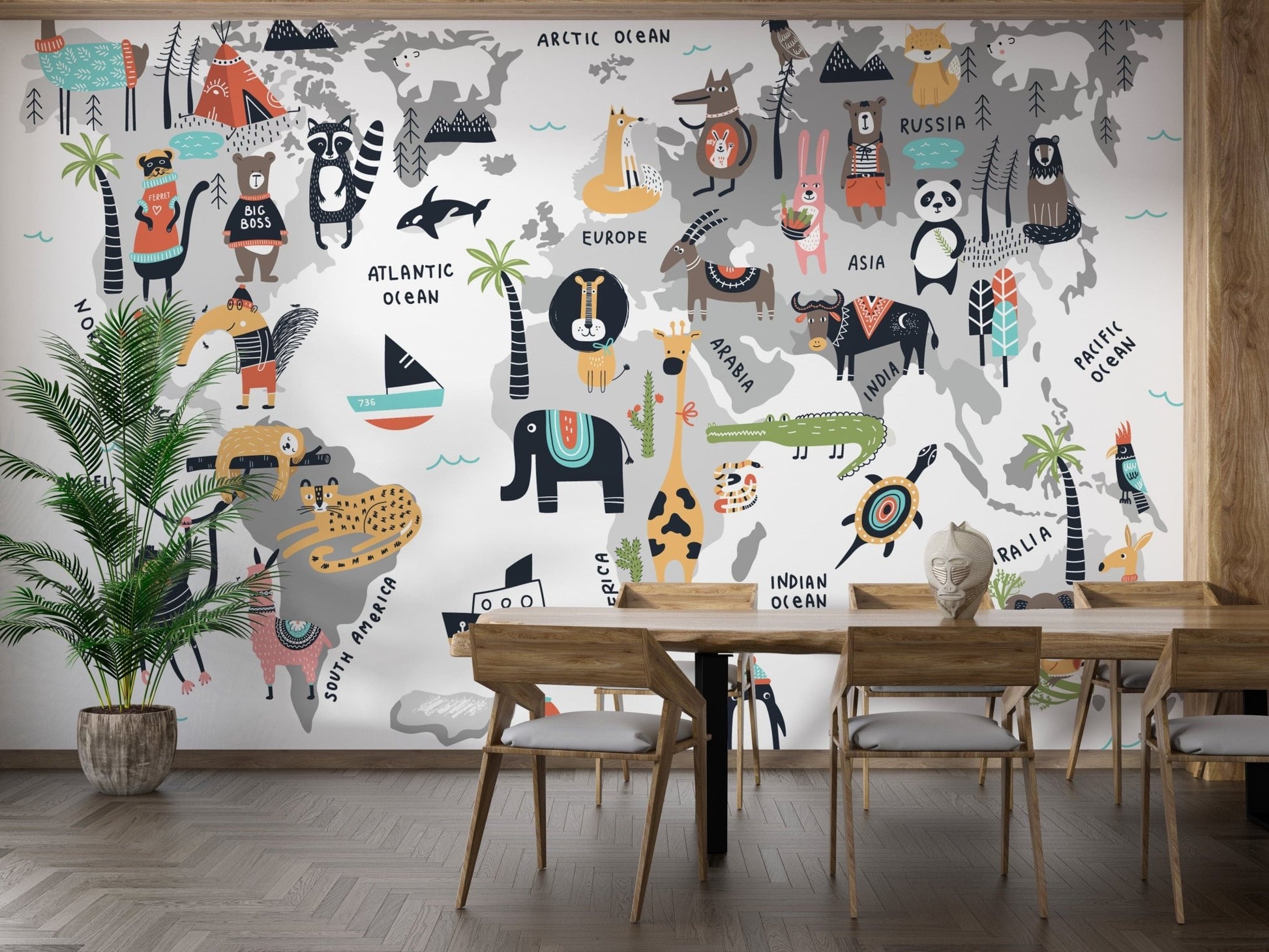 Kids' Animal World Map Wallpaper with cute illustrations. A780