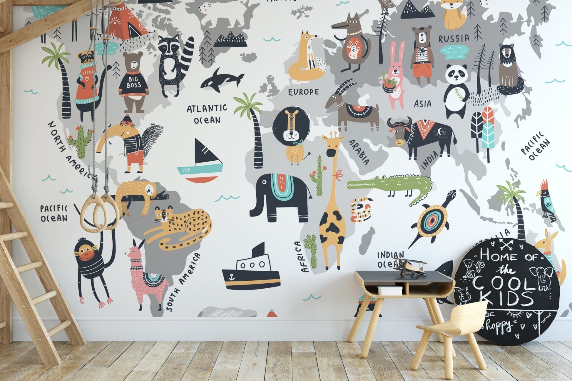 Scandinavian-style Animal World Map Wallpaper. A780