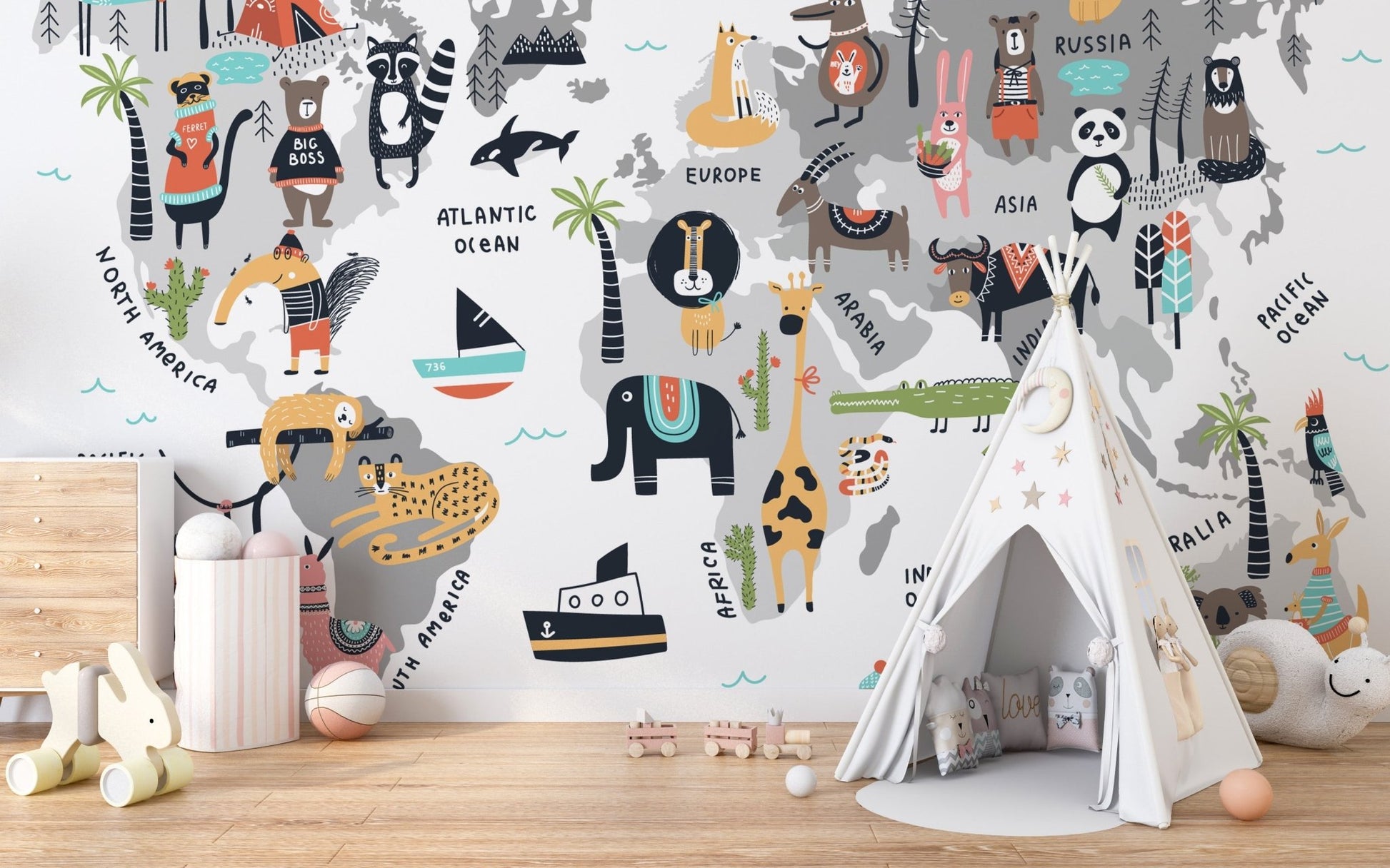 Playful Animal World Map Wallpaper with global geography. A780