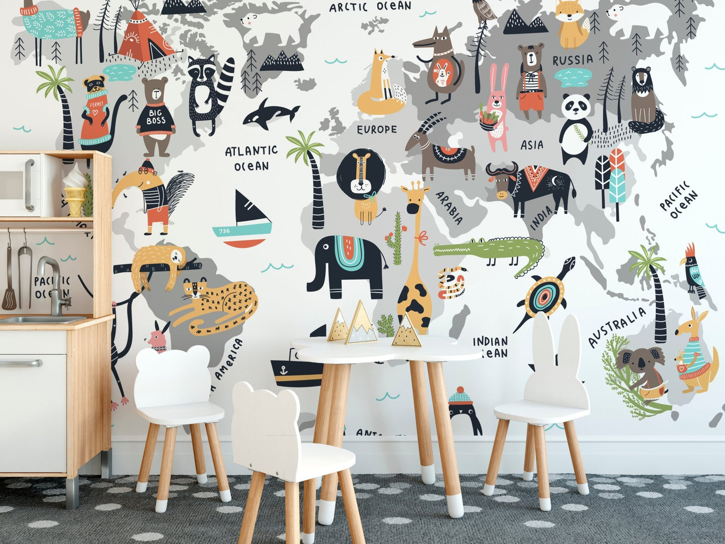 Vibrant Animal World Map Wallpaper for educational wall decor. A780