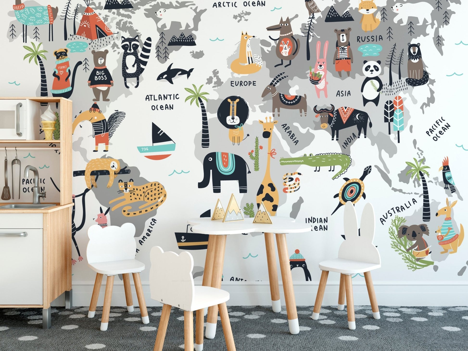 Vibrant Animal World Map Wallpaper for educational wall decor. A780