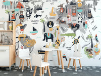 Vibrant Animal World Map Wallpaper for educational wall decor. A780