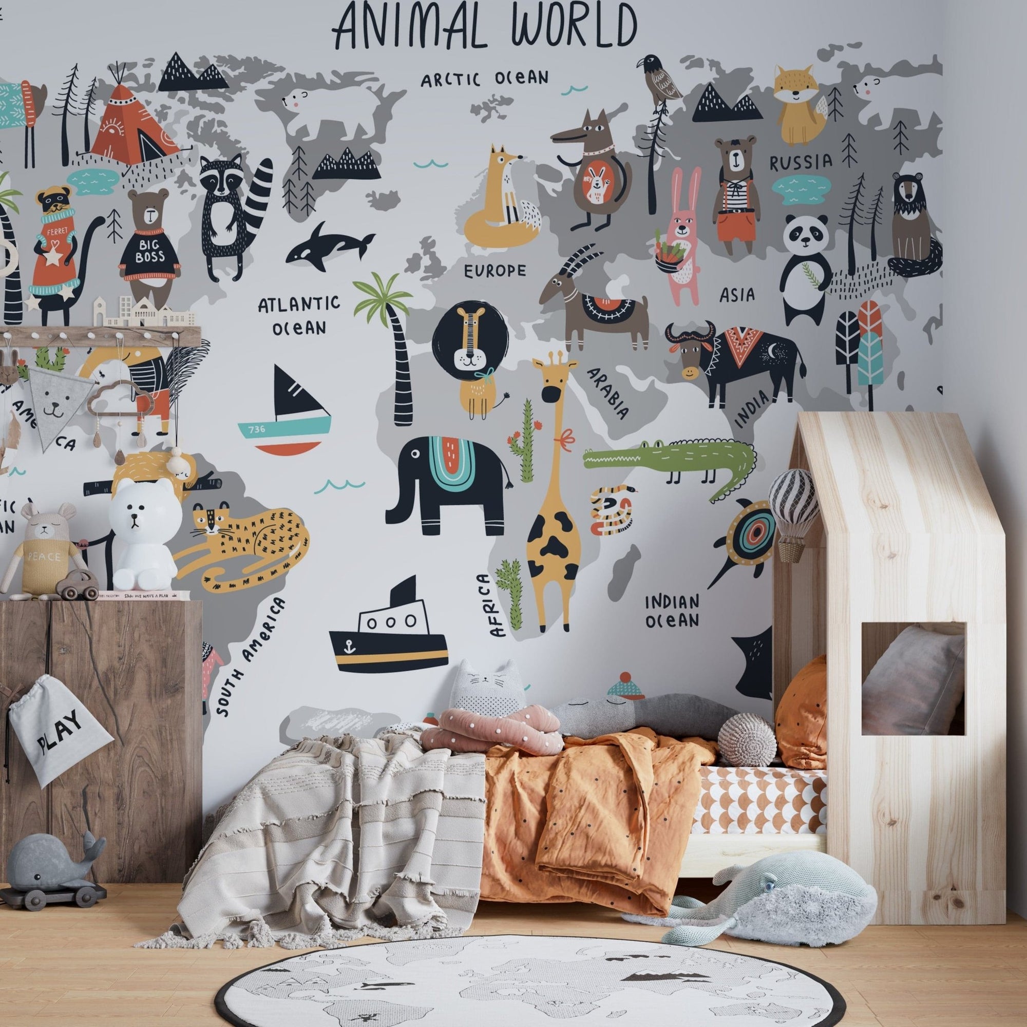 Animal World Map Wallpaper for kids' rooms. A780