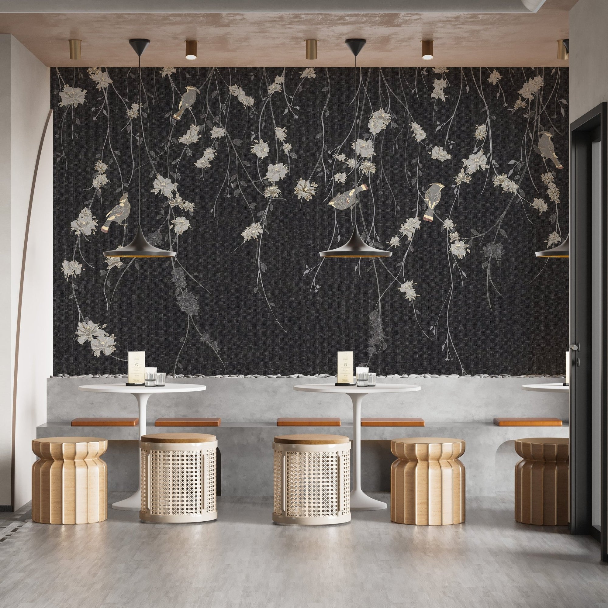 Beautiful Dark Black Flowers & Birds Wallpaper Mural A308