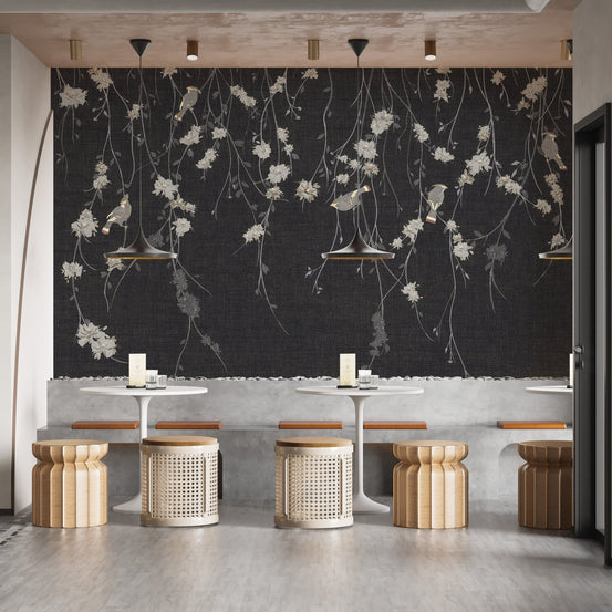 Beautiful Dark Black Flowers & Birds Wallpaper Mural A308