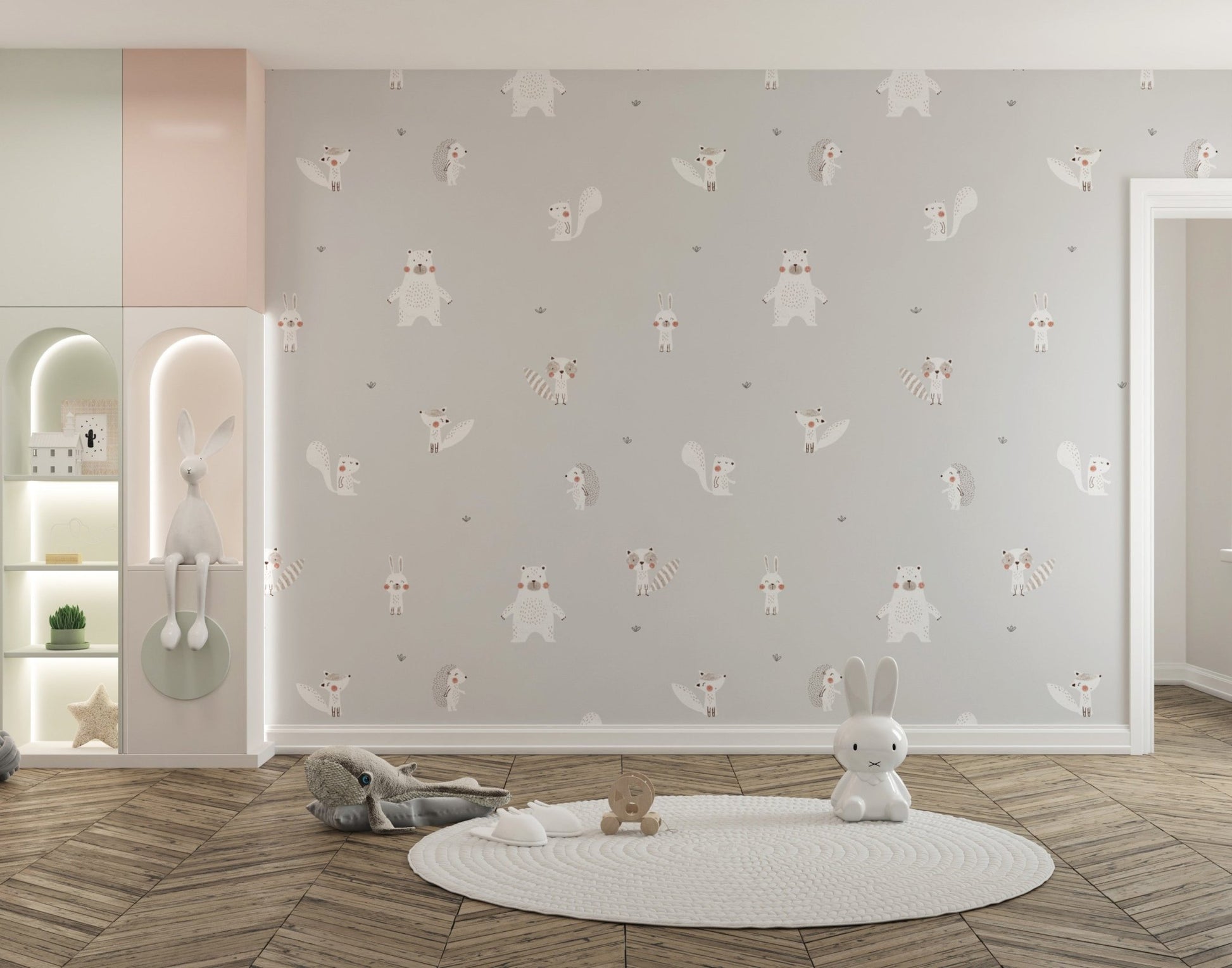Gentle cream baby forest mural for interiors
