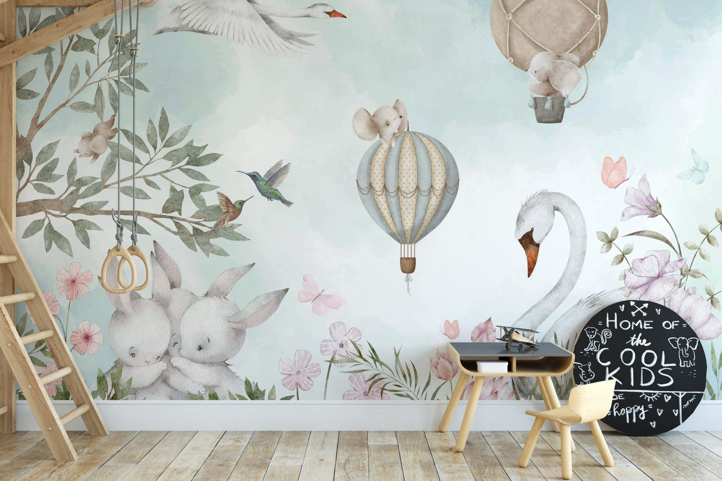 Peaceful animal and floral wallpaper mural, C114