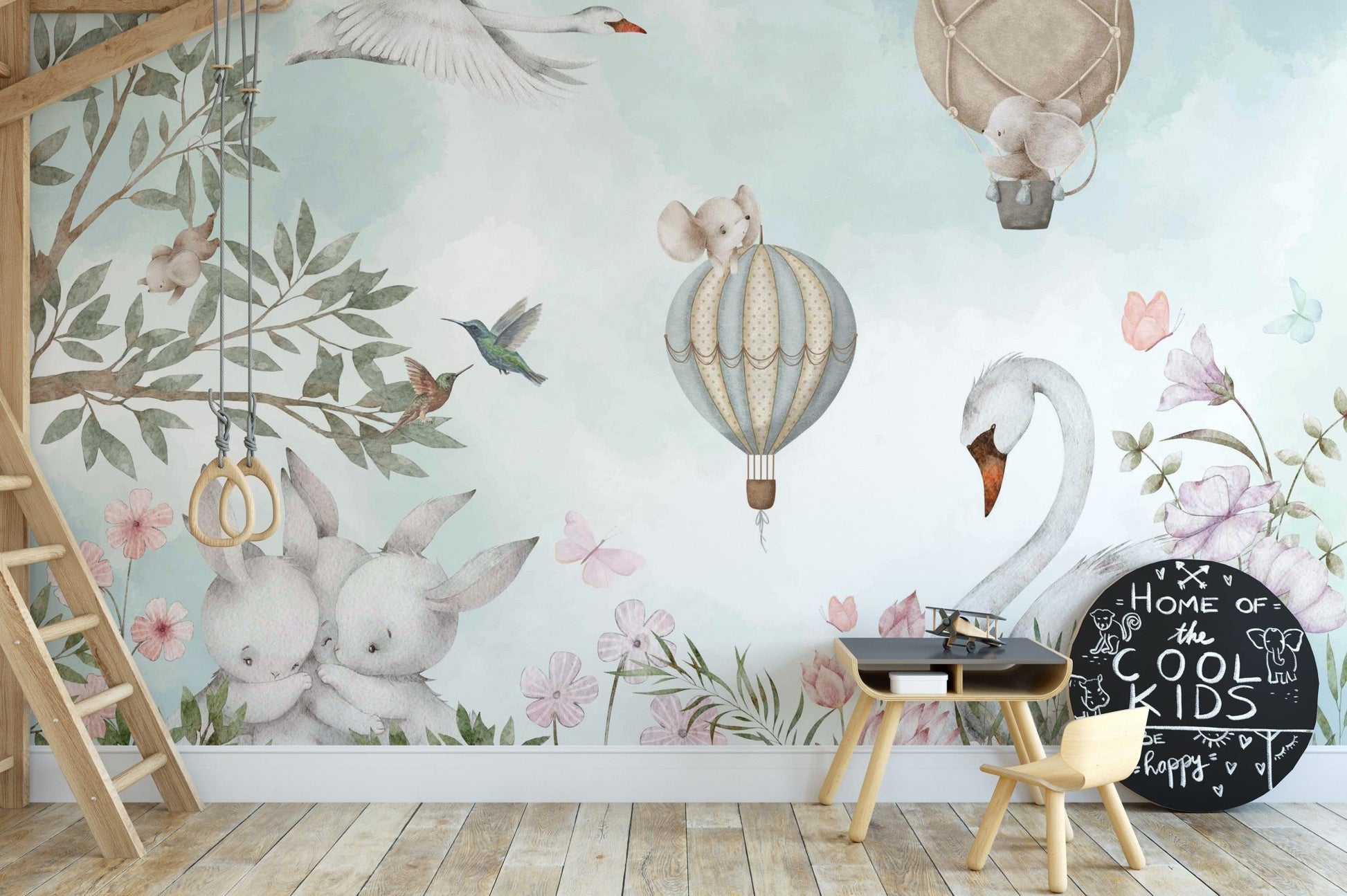 Peaceful animal and floral wallpaper mural, C114