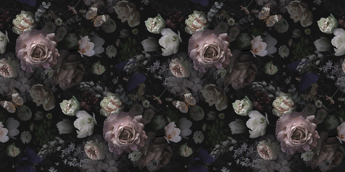 Pink Roses and Dark Wild Flowers Wallpaper Mural