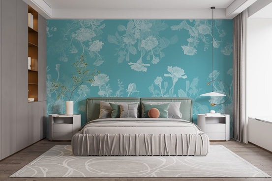 Blue flowers wallpaper mural for a serene and peaceful bedroom. DTIL12