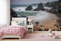 Kids room styled with beach cliffs mural and calming waves against sandy tones, GD8237