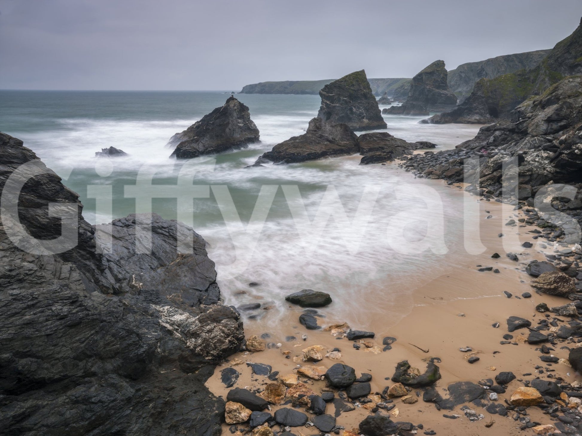 Coastal cliffs and sea in Bedruthan Steps Beach Cornwall Wall Mural view, GD8237