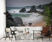 Dining area styled with natural beach mural showing rocks and sea movement, GD8237