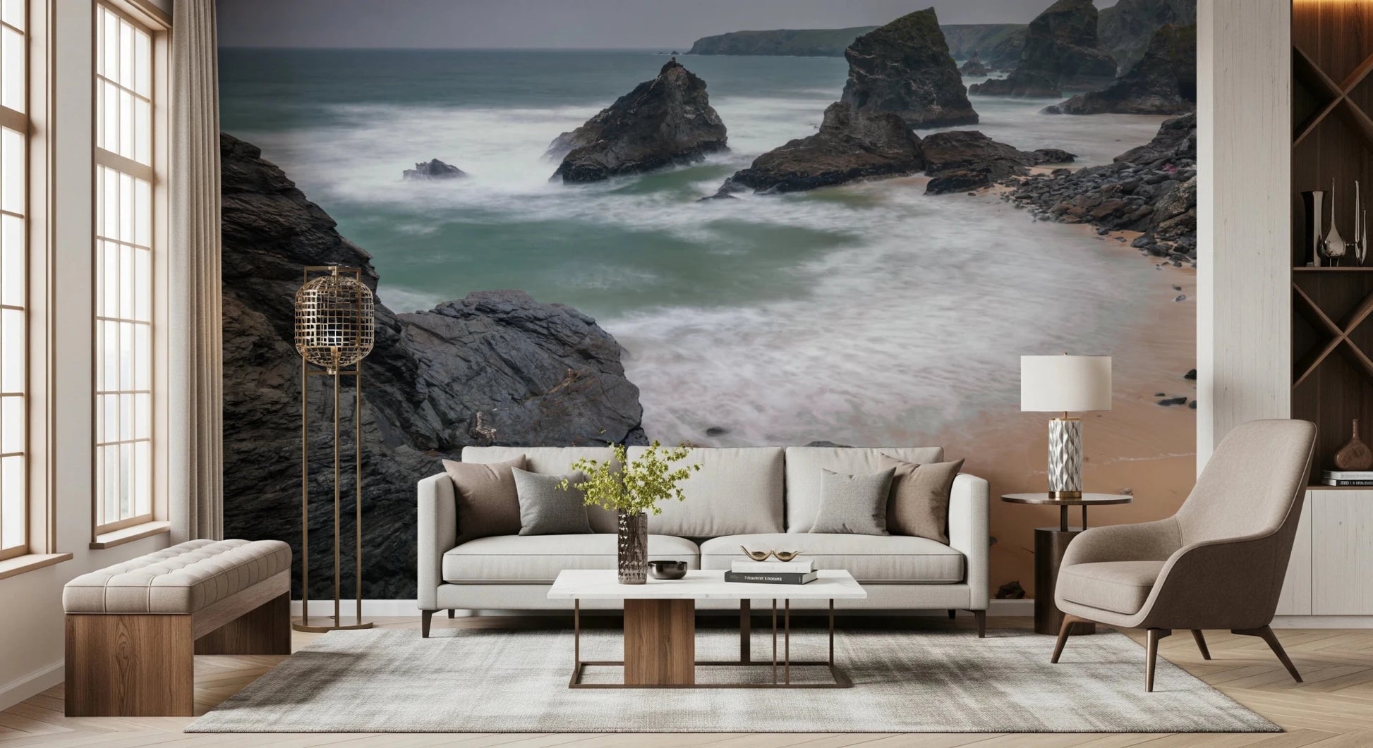 Close view of beach mural reveals detailed rocks and smooth water flow, GD8237