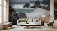 Close view of beach mural reveals detailed rocks and smooth water flow, GD8237