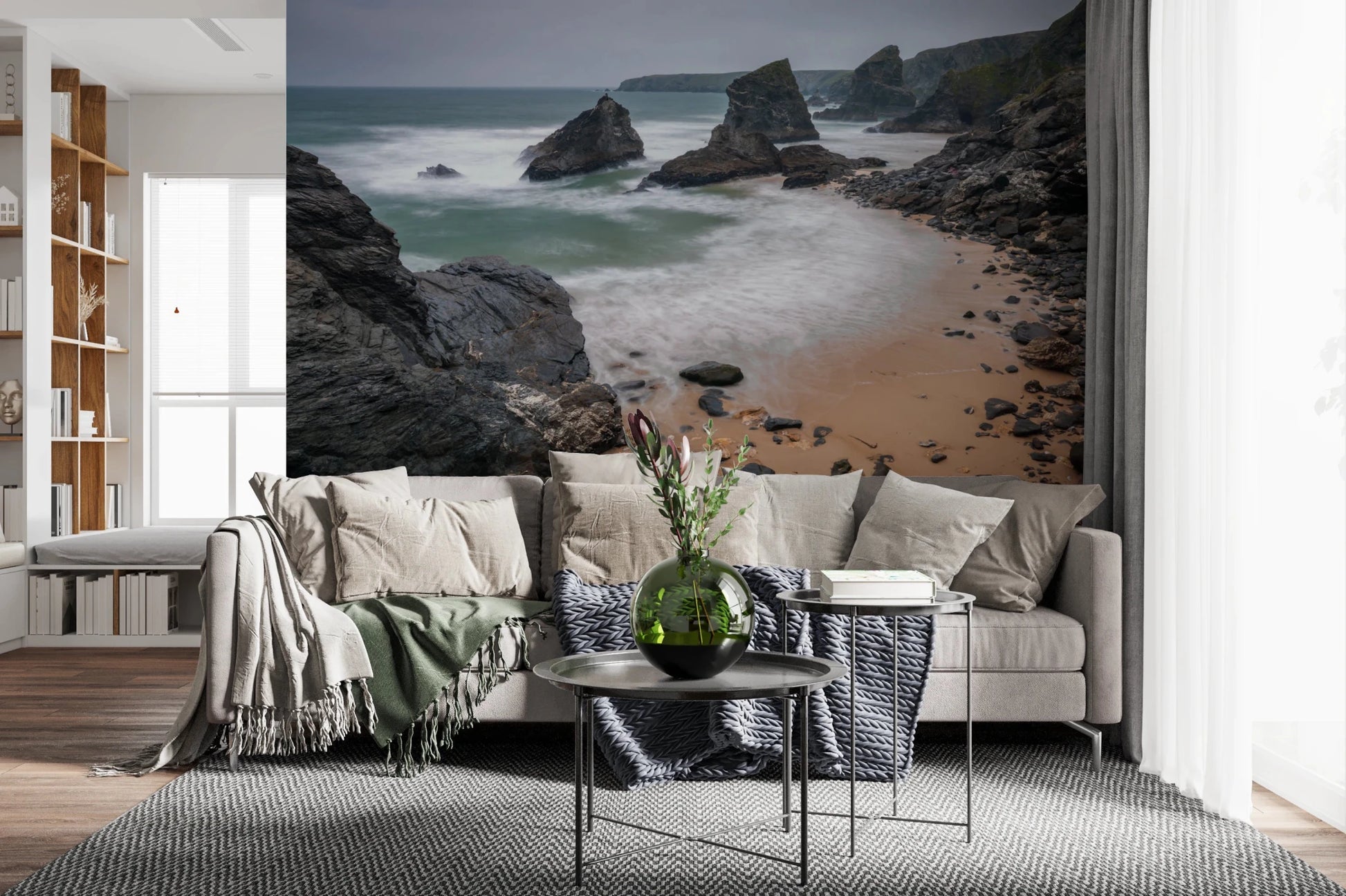 Open lounge space paired with rocky beach mural and subtle ocean textures, GD8237