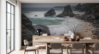 Bright room enhanced with shoreline mural featuring cliffs and foamy waves, GD8237