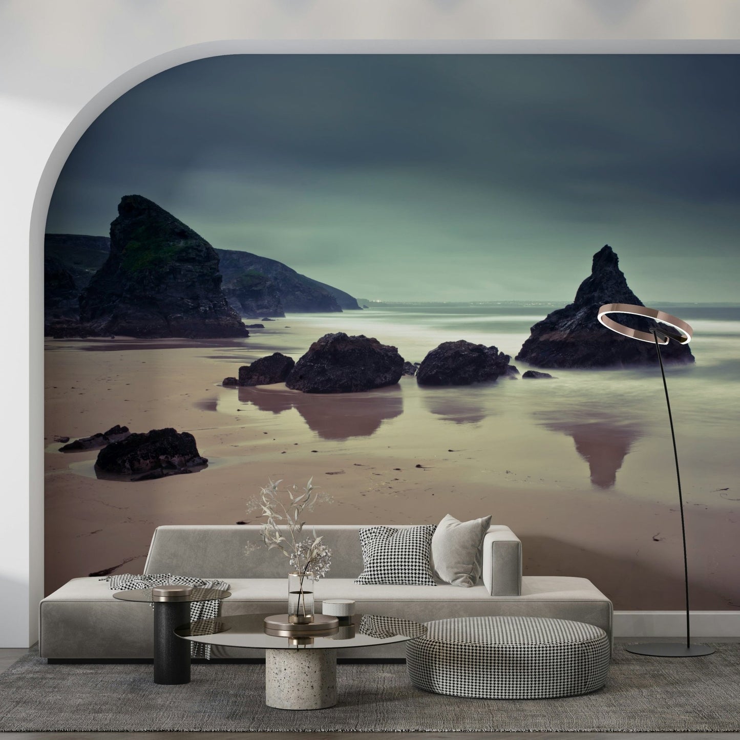 Bedruthan Steps Beach wallpaper Moody ocean vista with coastal cliffs.