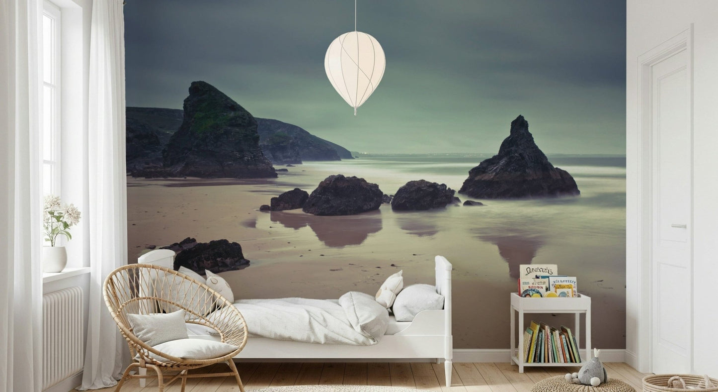 Serene Bedruthan Steps Beach wall paper: Calm low tide moment.