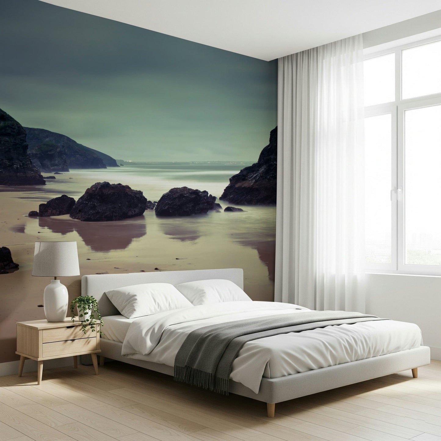 Bedruthan Steps Beach wall mural: Dramatic sea stacks on misty shore.