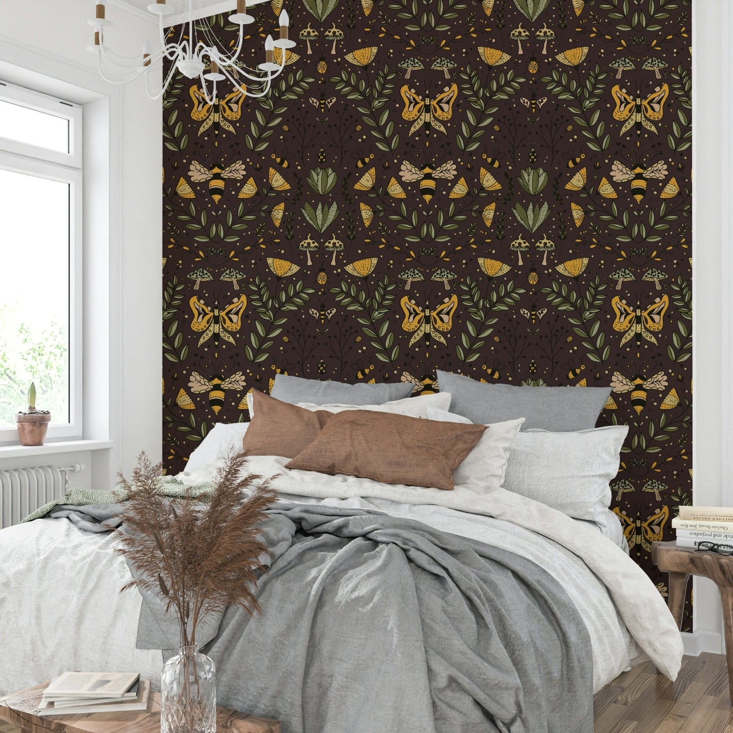 Wallpaper with various floral and animal motifs.

