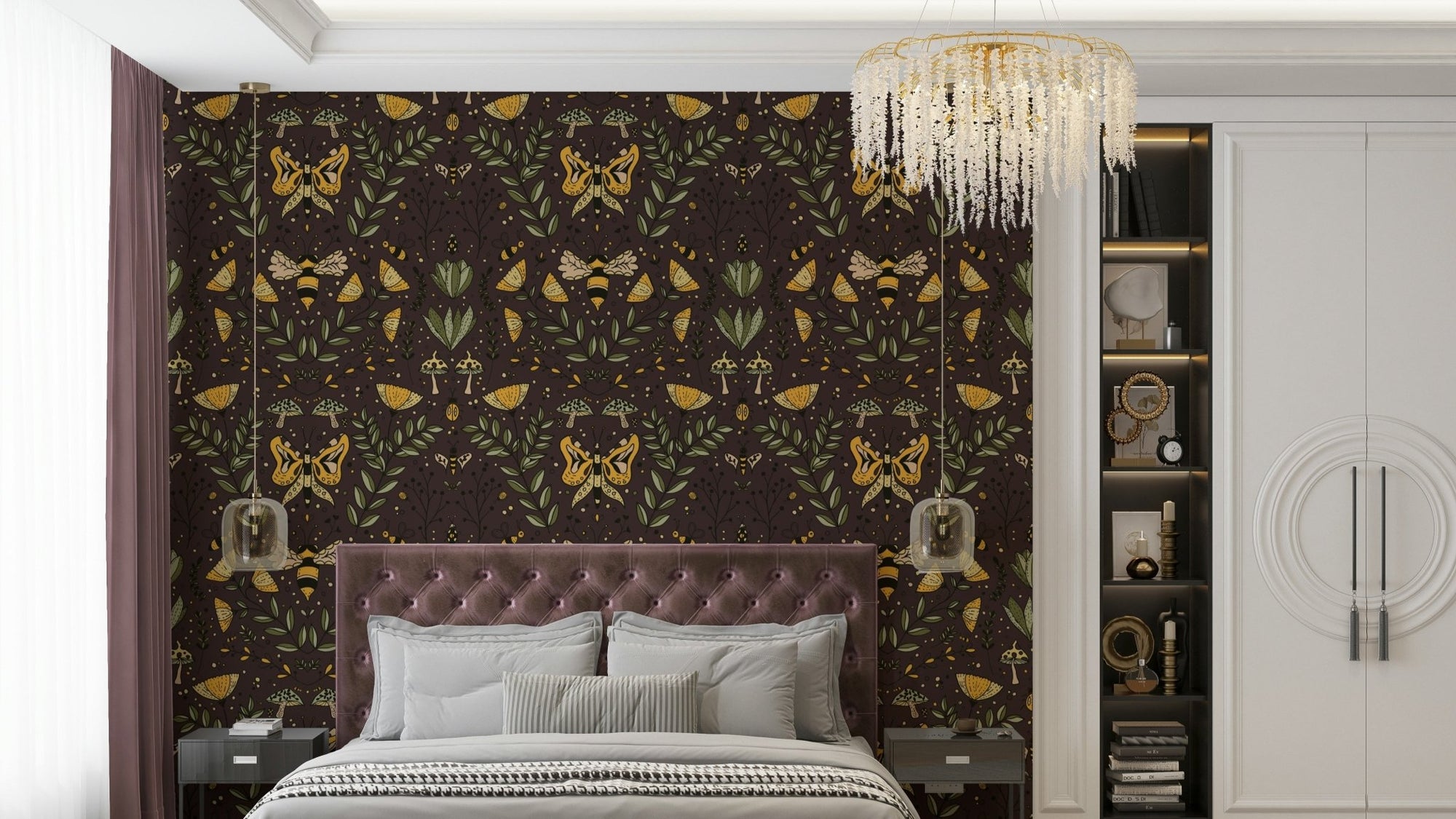 Bees Butterflies and Flowers Brown Wallpaper. GD3288

