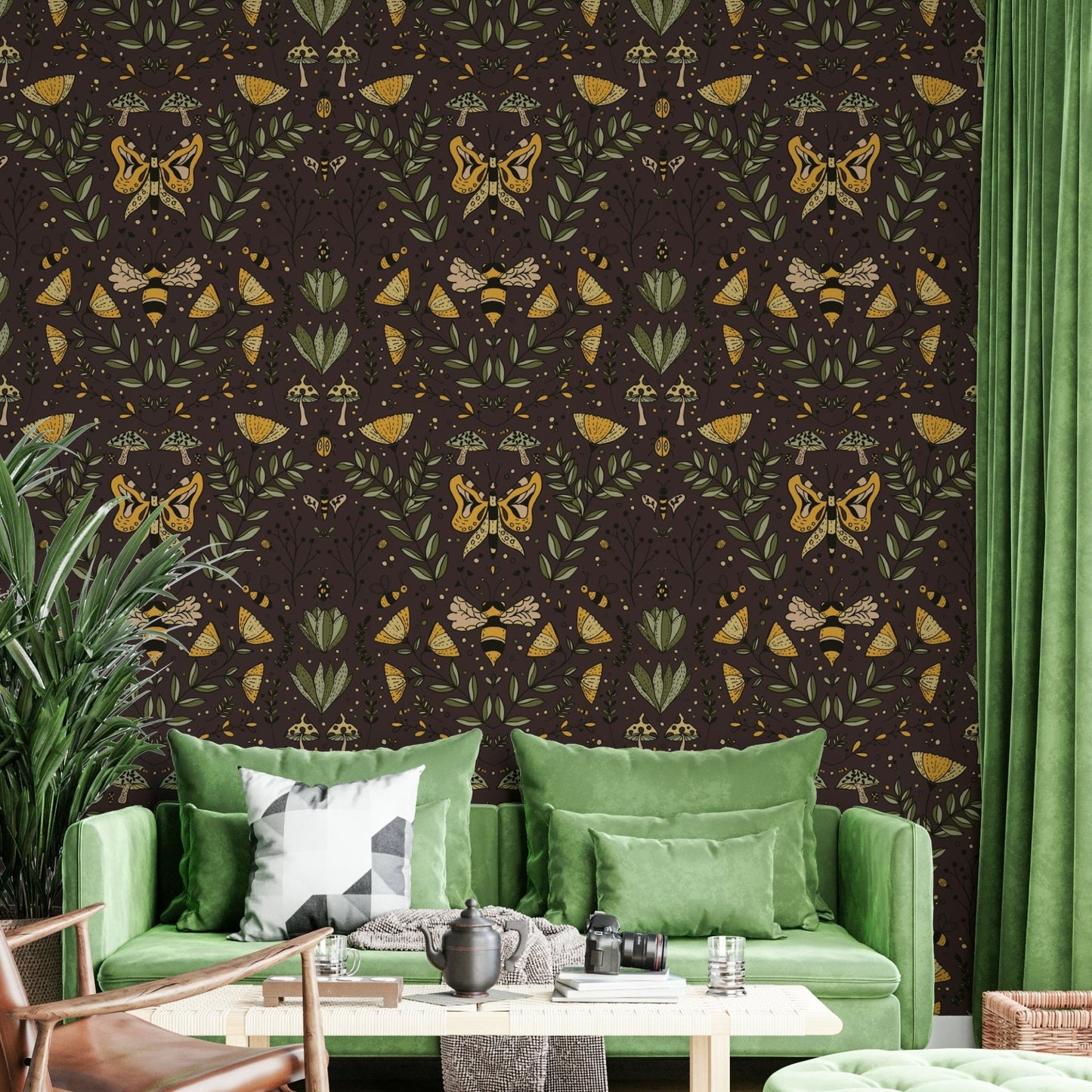 Design featuring hand-drawn insects and mushrooms on a brown background.

